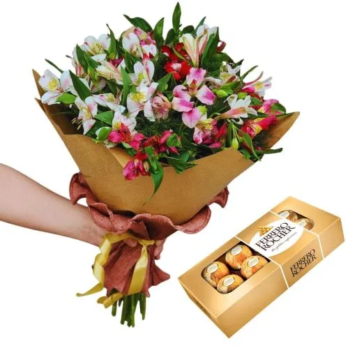 Ramo de flores astromelias con bombones de chocolate rocher